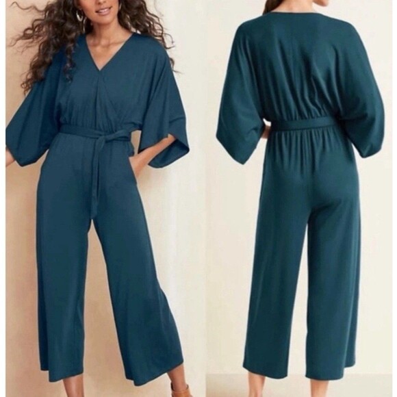 GARNET HILL Womens Sz M Teal Stretch Tencel Kimono Sleeve Knit Jumpsuit Belted - Picture 1 of 14